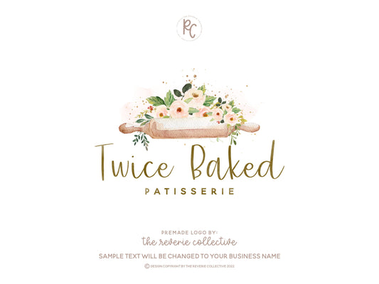 Twice Baked | Premade Logo Design | Rolling Pin, Floral, Farmhouse, Kitchen, Bakery