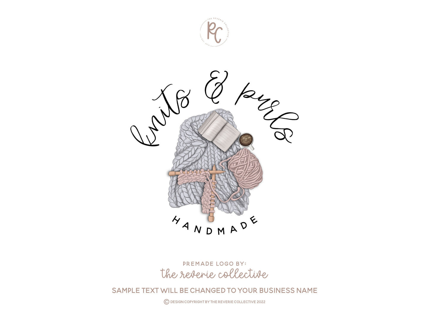 Knits & Purls | Premade Logo Design | Crochet, Blanket, Yarn, Book, Coffee