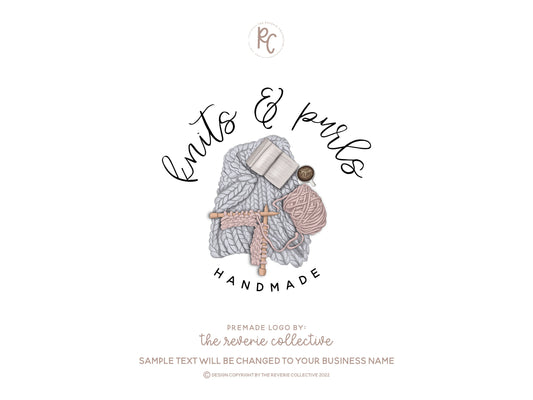 Knits & Purls | Premade Logo Design | Crochet, Blanket, Yarn, Book, Coffee