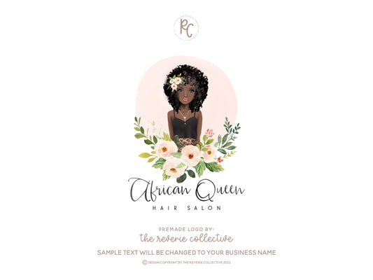 African Queen | Premade Logo Design | Black Girl, Woman, Natural Hair, Afro, Floral