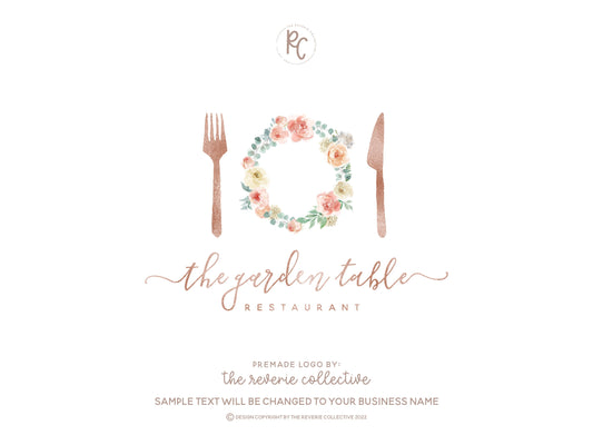 The Garden Table | Premade Logo Design | Floral, Rose Gold, Plate, Fork, Knife, Dining