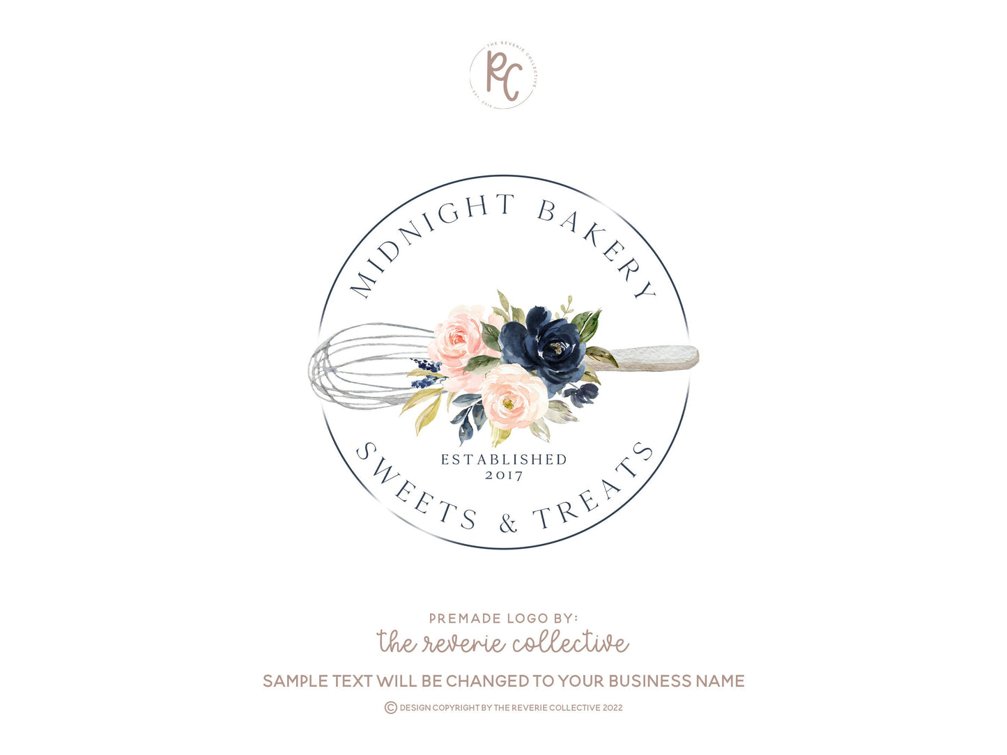 Midnight Bakery | Premade Logo Design | Whisk, Roses, Baking, Kitchen, Farmhouse