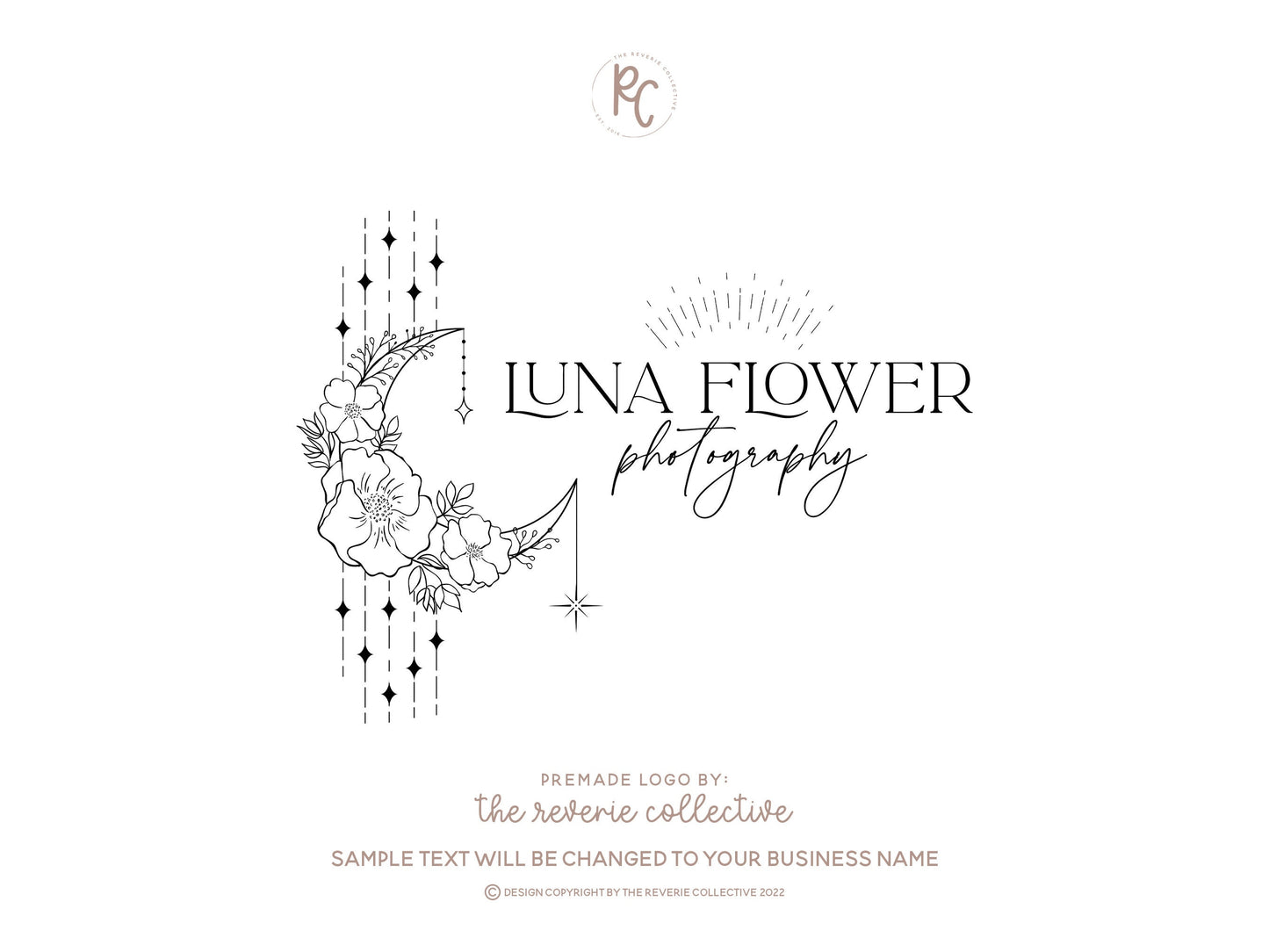 Luna Flower | Premade Logo Design | Boho, Crescent Moon, Gypsy, Line Art