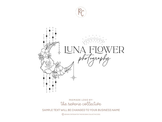 Luna Flower | Premade Logo Design | Boho, Crescent Moon, Gypsy, Line Art