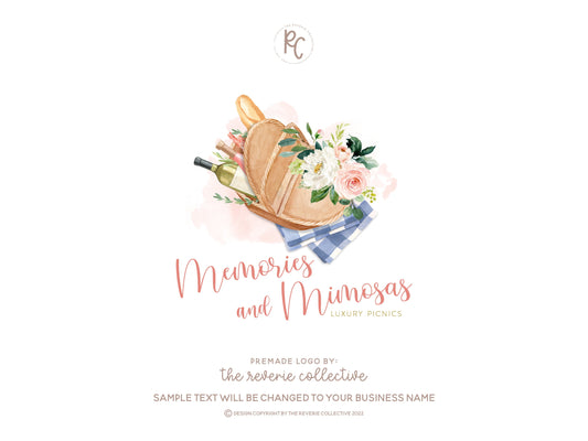 Memories & Mimosas | Premade Logo Design | Picnic, Charcuterie, Baguette, Wine