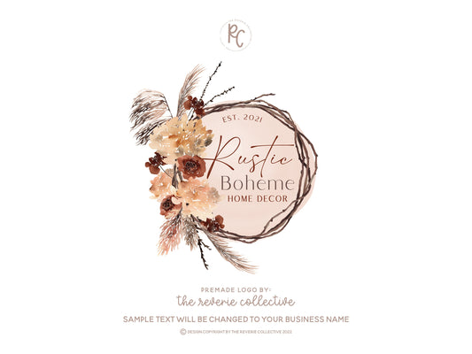Rustic Boheme | Premade Logo Design | Boho, Pampas Grass, Wood Wreath, Home Decor