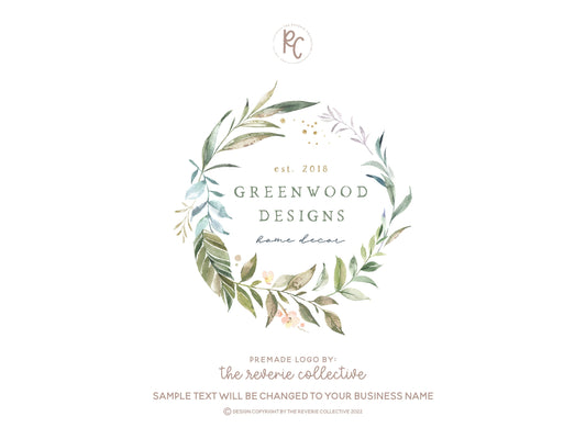 Greenwood Designs | Premade Logo Design | Wreath, Botanical, Watercolor Greenery