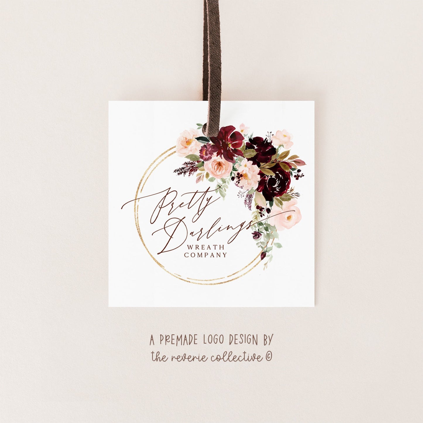 Pretty Darlings | Premade Logo Design | Rose, Pink Peony, Floral Wreath, Gold Frame