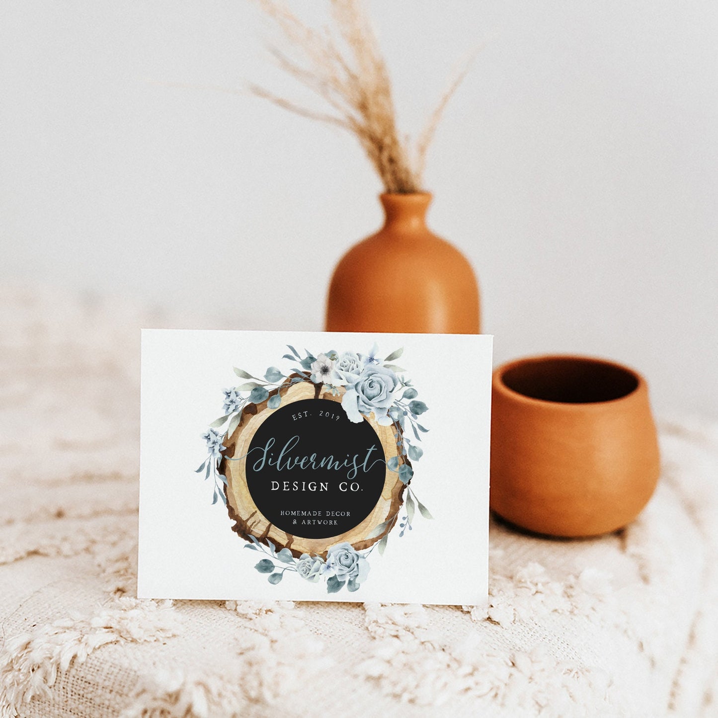 Silvermist Design Co. | Premade Logo Design | Wood Slice, Blue Rose, Chalkboard