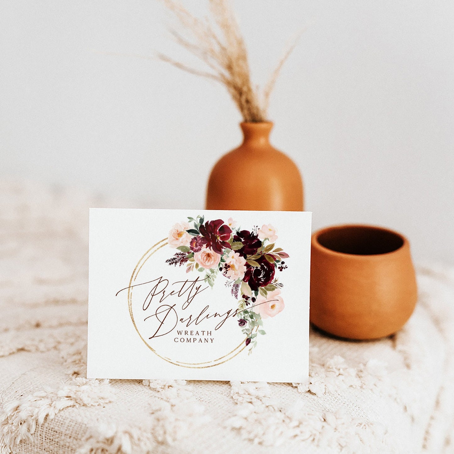 Pretty Darlings | Premade Logo Design | Rose, Pink Peony, Floral Wreath, Gold Frame