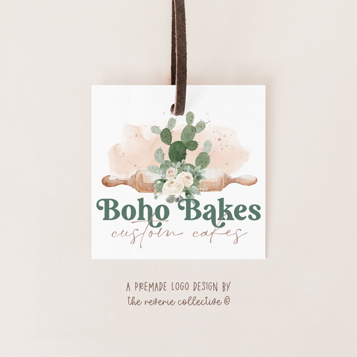 Boho Bakes | Premade Logo Design | Modern Bohemian, Cactus, Rolling Pin