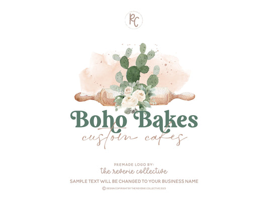 Boho Bakes | Premade Logo Design | Modern Bohemian, Cactus, Rolling Pin