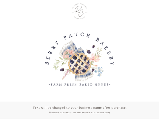 Berry Patch Bakery premade logo design featuring a floral cottagecore berry pie.