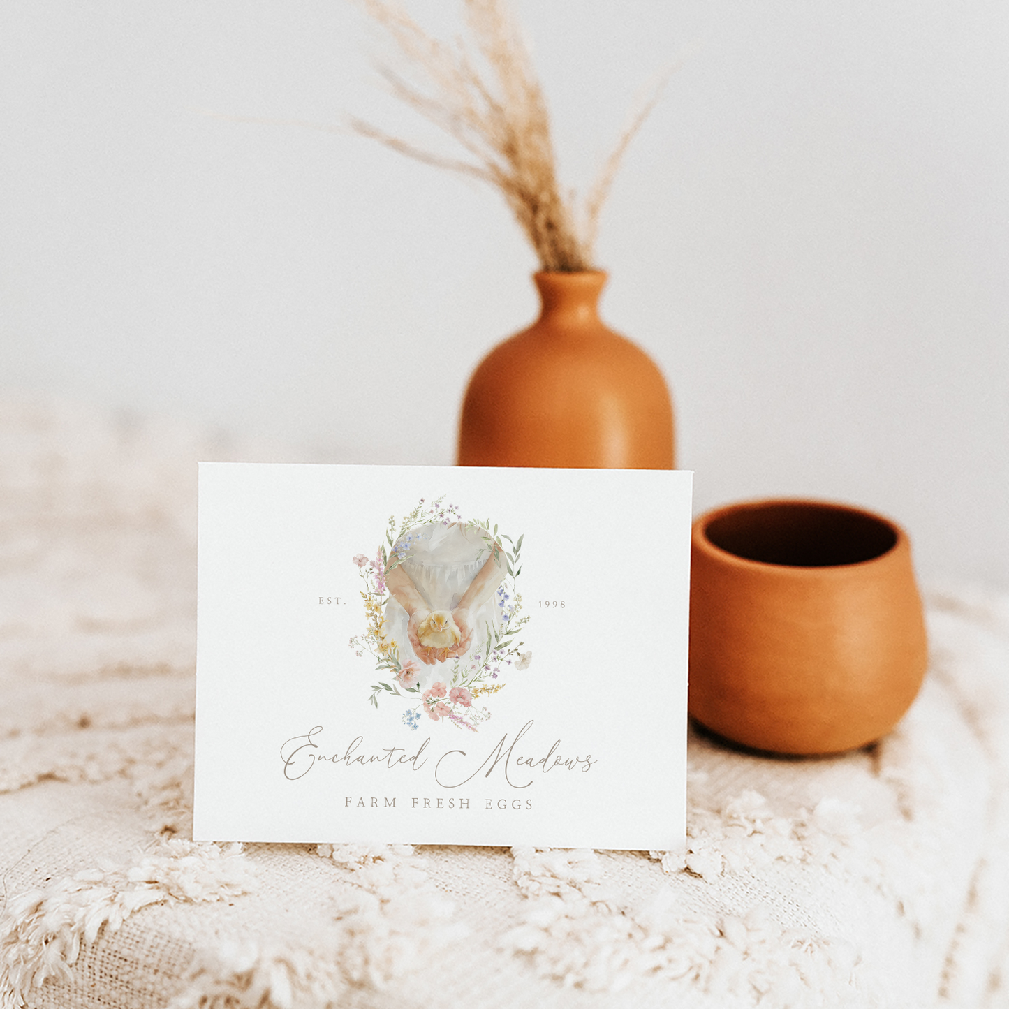 Enchanted Meadows | Premade Logo Design | Farm Girl Hands, Baby Chick, Chicken Hen