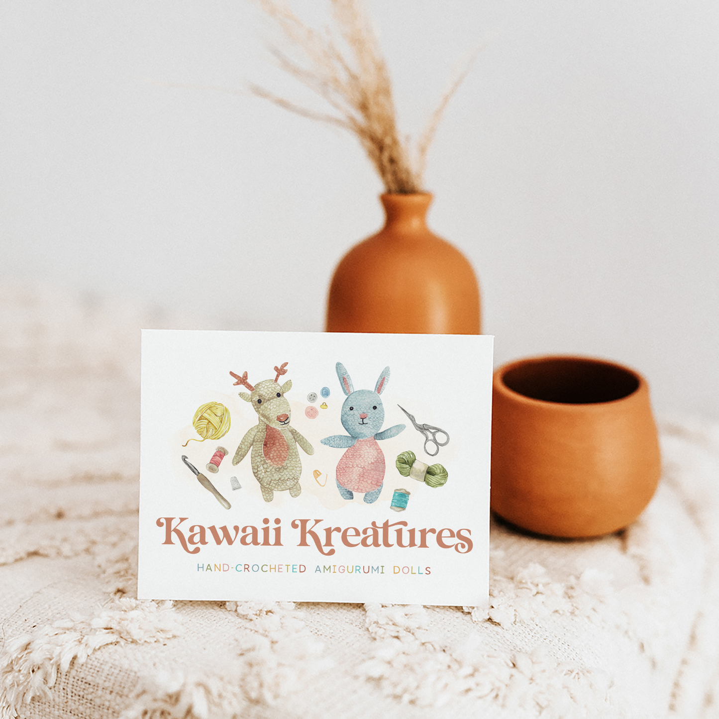 Kawaii Kreations | Premade Logo Design | Amigurumi Doll, Crochet, Yarn, Bunny, Deer, Whimsical