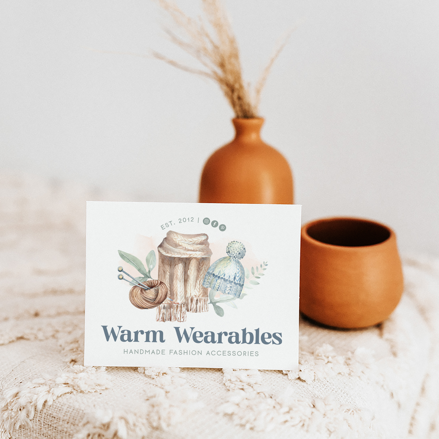 Warm Wearables | Premade Logo Design | Crochet Hat, Knit Scarf, Yarn Ball, Farmhouse