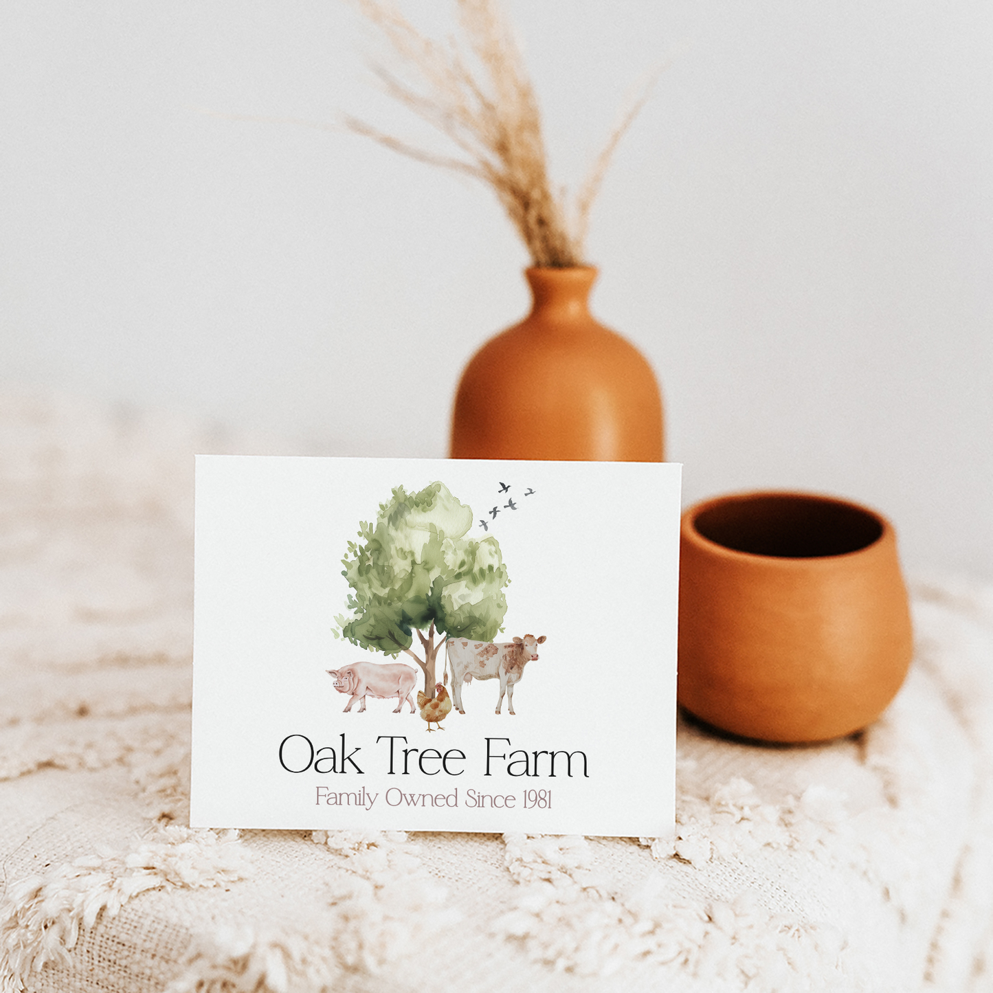 Oak Tree Farm | Premade Logo Design | Family Farm, Rustic Homestead, Pig, Cow, Chicken