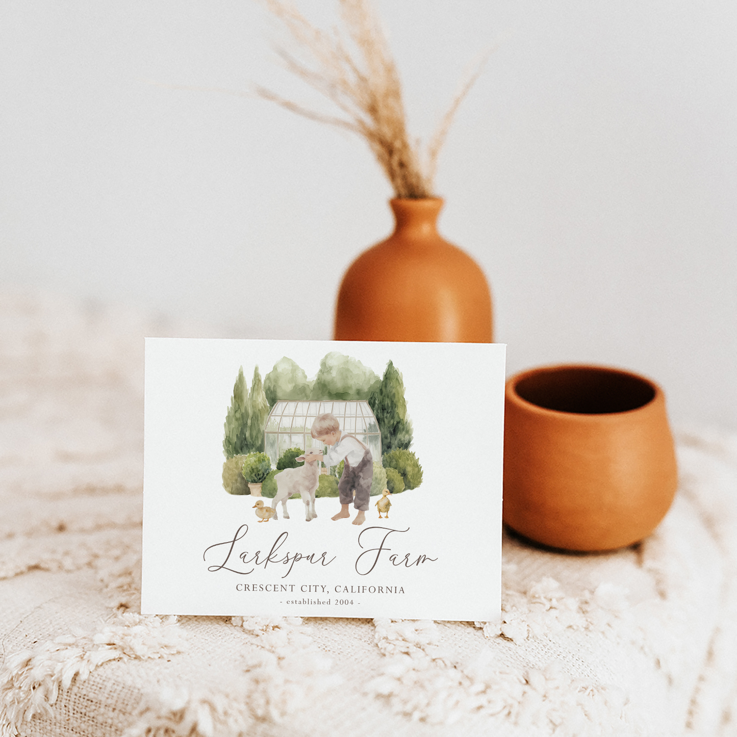 Larkspur Farm | Premade Logo Design | Farm Boy, Baby Lamb, Country Ducklings, Greenhouse