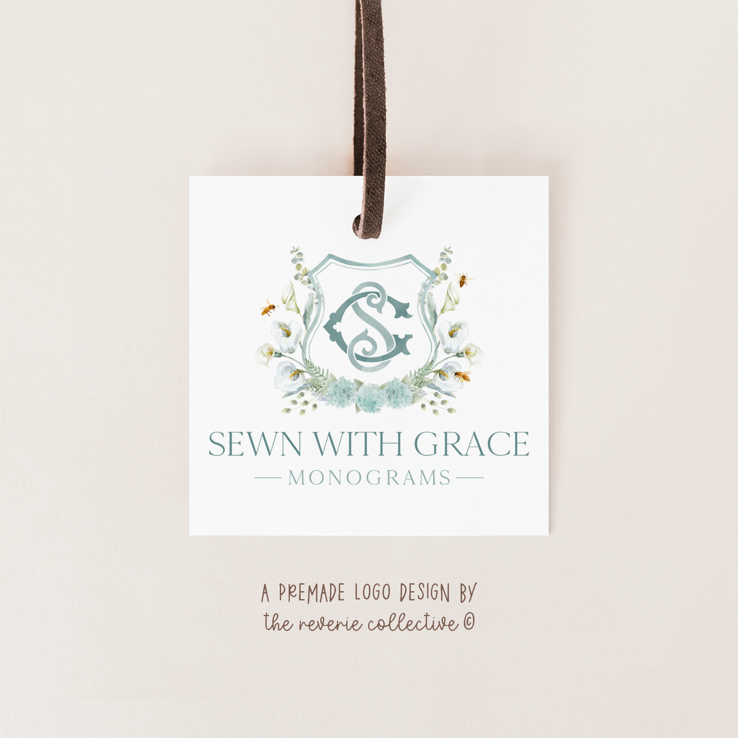 Sewn With Grace | Premade Logo Design | Floral Frame, Watercolor Crest, Monogram, Embroidery