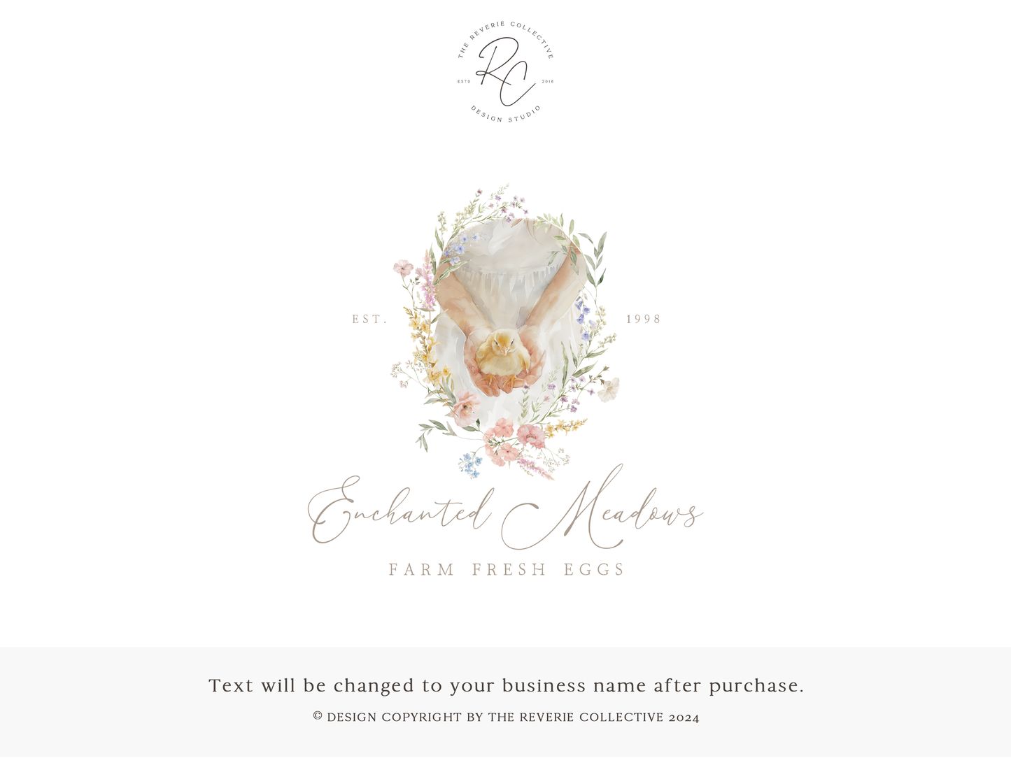 Enchanted Meadows | Premade Logo Design | Farm Girl Hands, Baby Chick, Chicken Hen