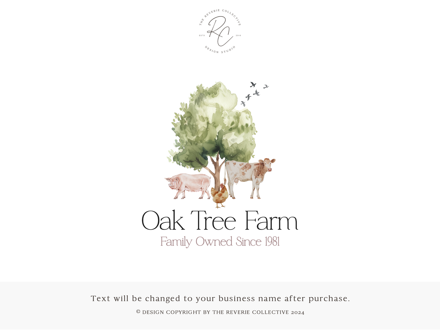 Oak Tree Farm | Premade Logo Design | Family Farm, Rustic Homestead, Pig, Cow, Chicken