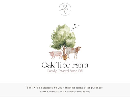 Oak Tree Farm | Premade Logo Design | Family Farm, Rustic Homestead, Pig, Cow, Chicken