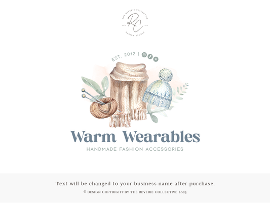 Warm Wearables | Premade Logo Design | Crochet Hat, Knit Scarf, Yarn Ball, Farmhouse