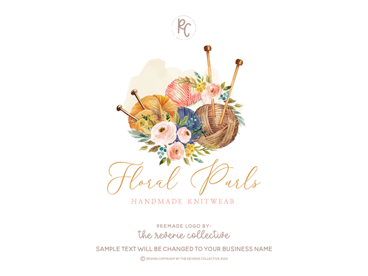 Floral Purls | Premade Logo Design | Knitting, Yarn Ball, Crochet, Colorful, Farmhouse