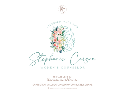 Stephanie Carson | Premade Logo Design | Brain, Therapist, Mental Health, Floral, Line Art
