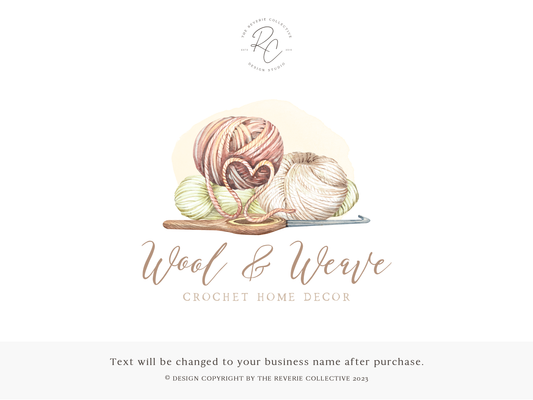Wool & Weave | Premade Logo Design | Crochet Hook, Yarn Ball, Wool Skein, Farmhouse