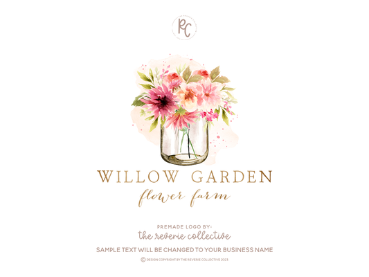 Willow Garden | Premade Logo Design | Flower Bouquet, Mason Jar, Watercolor Floral, Dahlia