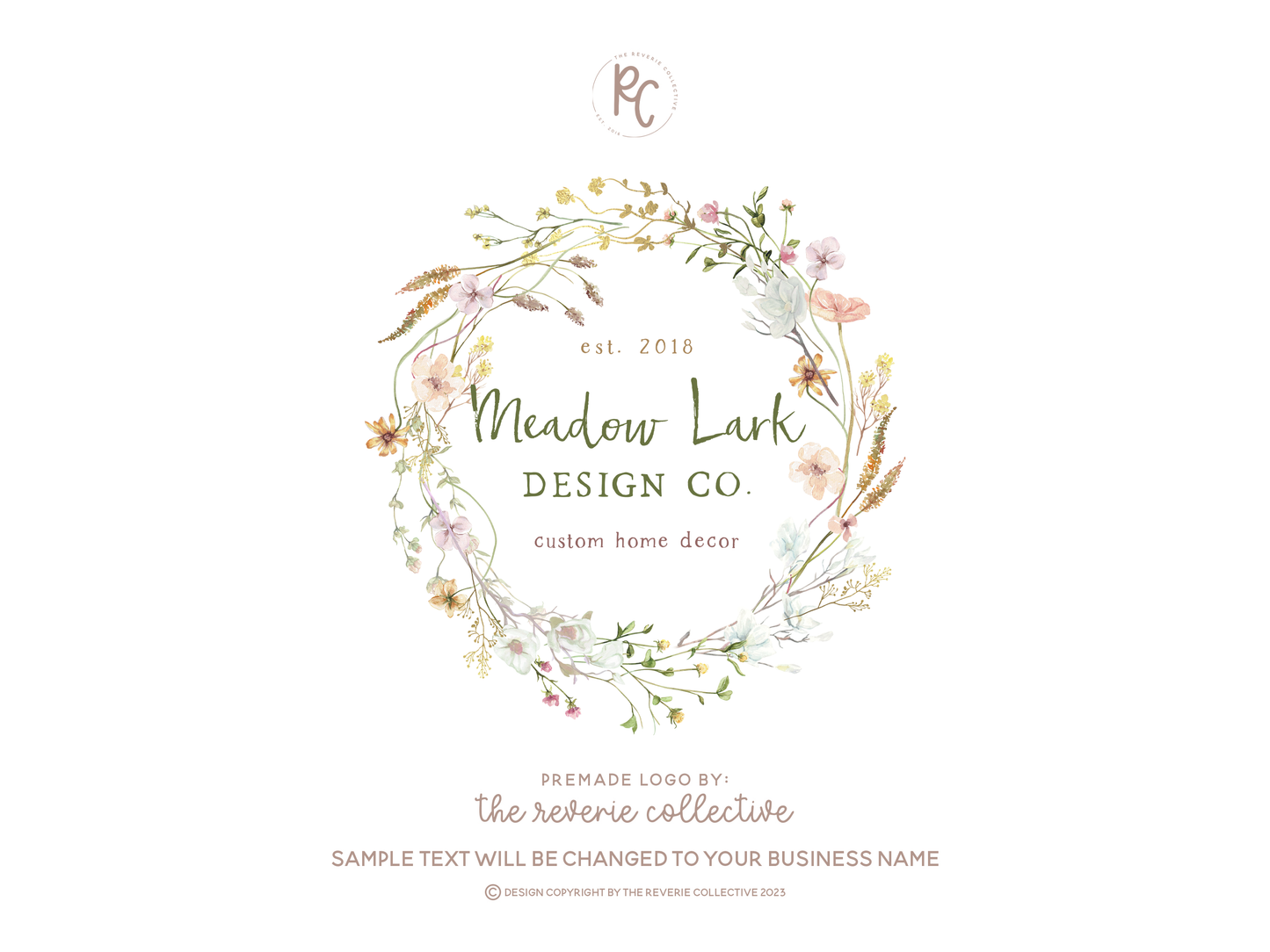Meadow Lark Design Co. | Premade Logo Design | Wildflower Wreath, Pastel, Farmhouse