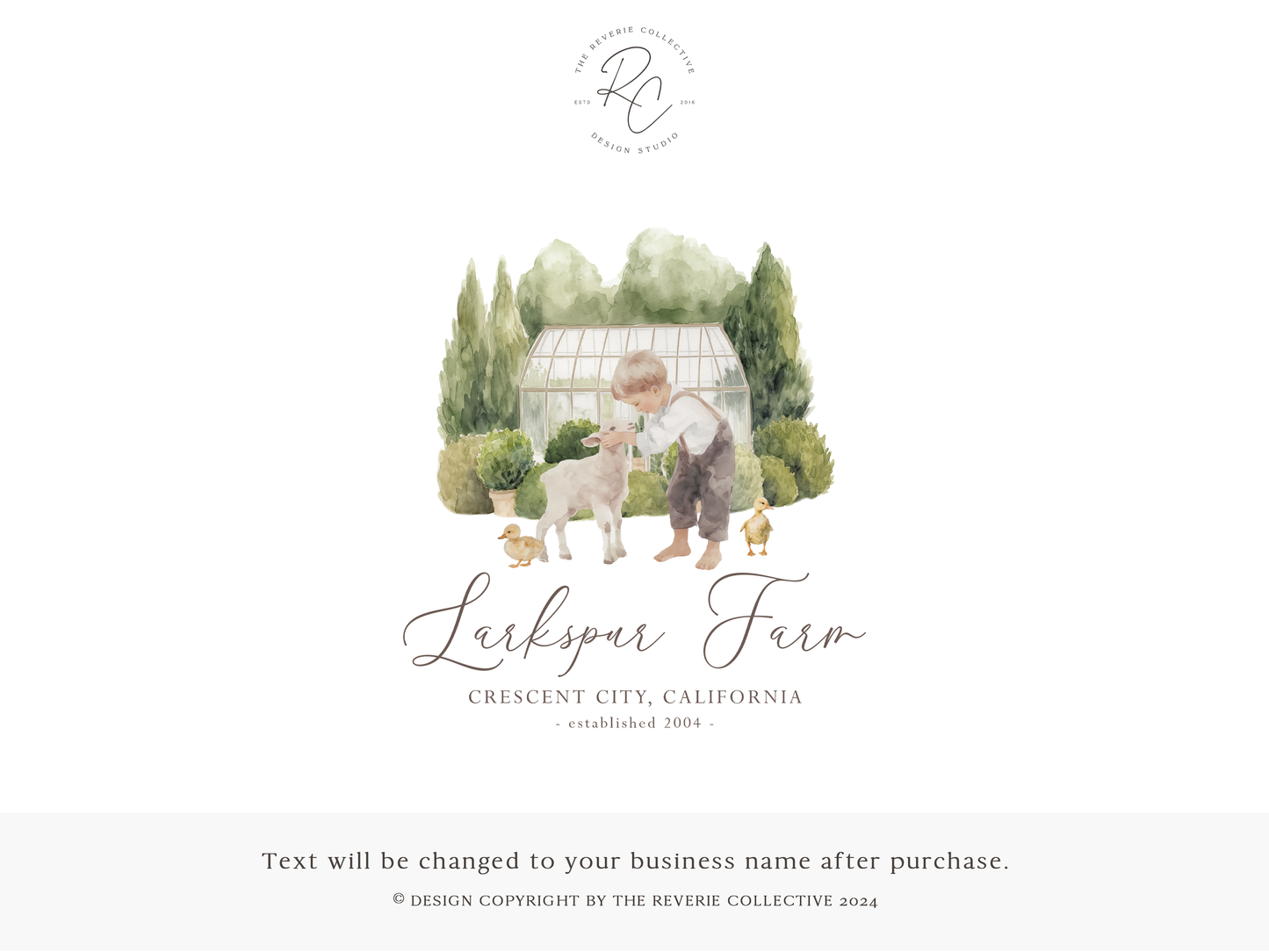 Larkspur Farm | Premade Logo Design | Farm Boy, Baby Lamb, Country Ducklings, Greenhouse