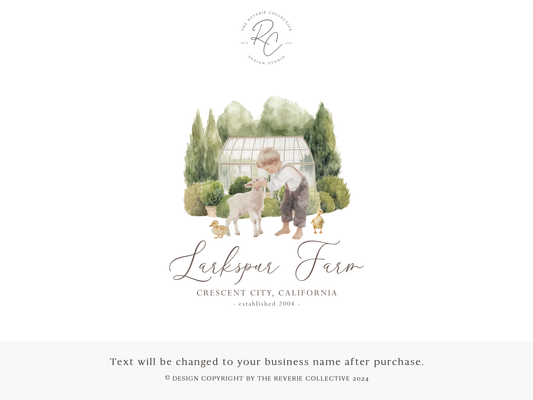 Larkspur Farm | Premade Logo Design | Farm Boy, Baby Lamb, Country Ducklings, Greenhouse