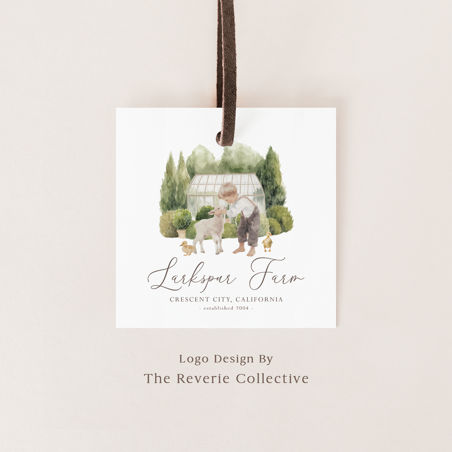 Larkspur Farm | Premade Logo Design | Farm Boy, Baby Lamb, Country Ducklings, Greenhouse