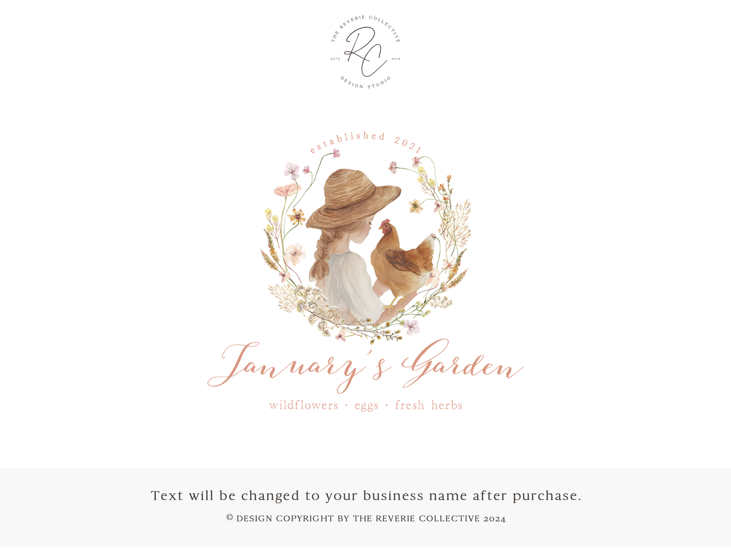 January's Garden | Premade Logo Design | Farm Girl, Brown Chicken, Country Hen, Wildflower Egg