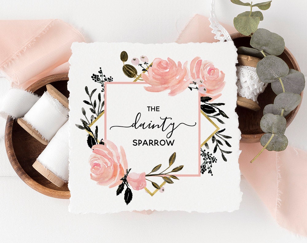 The Dainty Sparrow | Premade Logo Design | Watercolor Floral, Geometric Frame, Florist