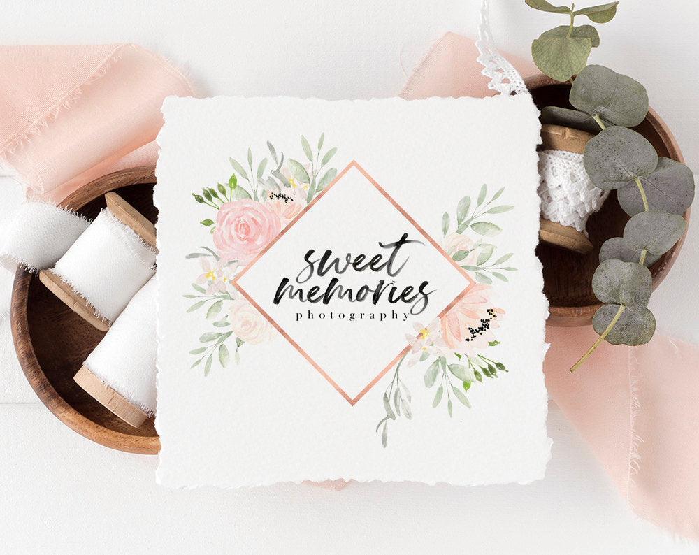 Sweet Memories | Premade Logo Design | Watercolor Floral, Pastel, Calligraphy, Florist