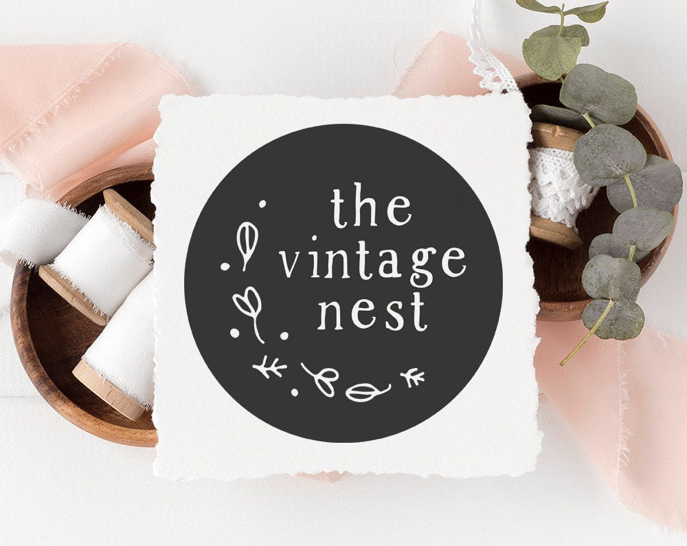 The Vintage Nest | Premade Logo Design | Rustic Floral, Hand Drawn, Black & White