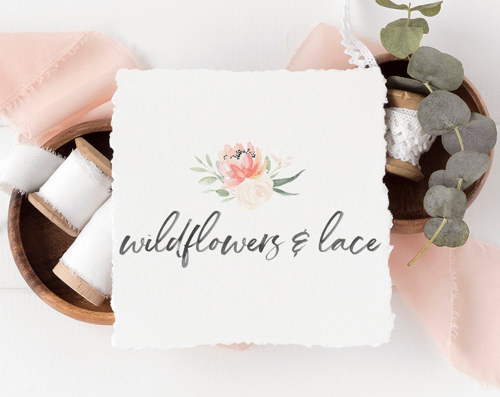 Wildflowers & Lace | Premade Logo Design | Watercolor Floral, Pastel, Farmhouse, Handwritten