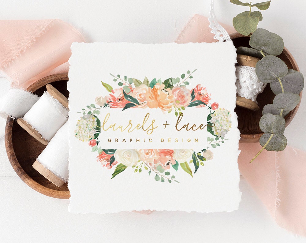 Laurels + Lace | Premade Logo Design | Watercolor Floral, Gold Foil, Wildflower, Wedding