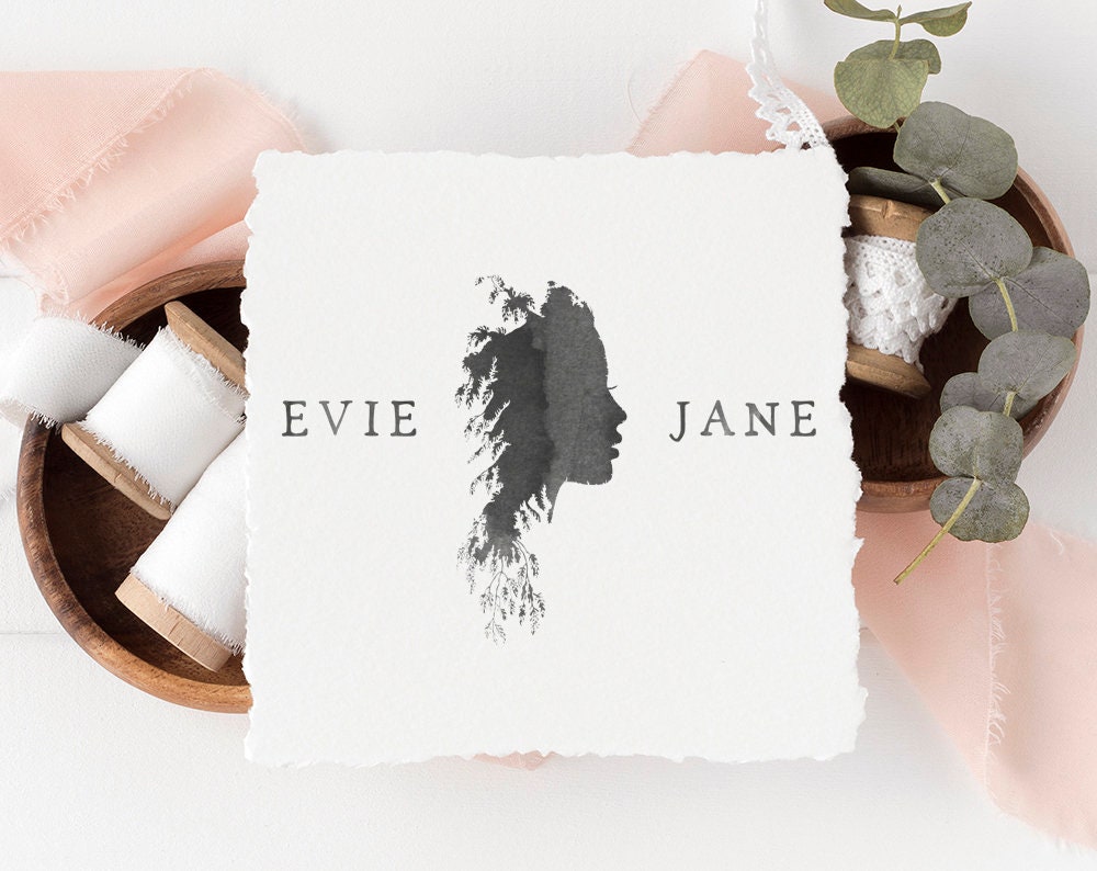 Evie Jane | Premade Logo Design | Girl, Silhouette, Rustic Floral, Vines, Watercolor