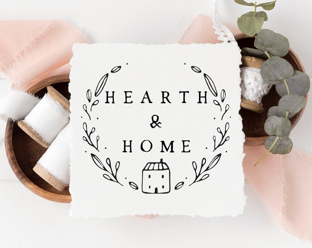 Hearth & Home | Premade Logo Design | Rustic Floral, Hand Drawn, Wreath, House