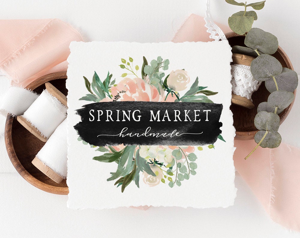 Spring Market | Premade Logo Design | Watercolor Floral, Farmhouse, Wreath, Banner