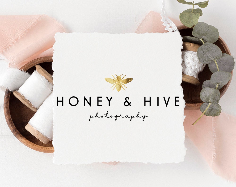 Honey & Hive | Premade Logo Design | Bee, Gold Foil, Farmhouse, Rustic, Nature