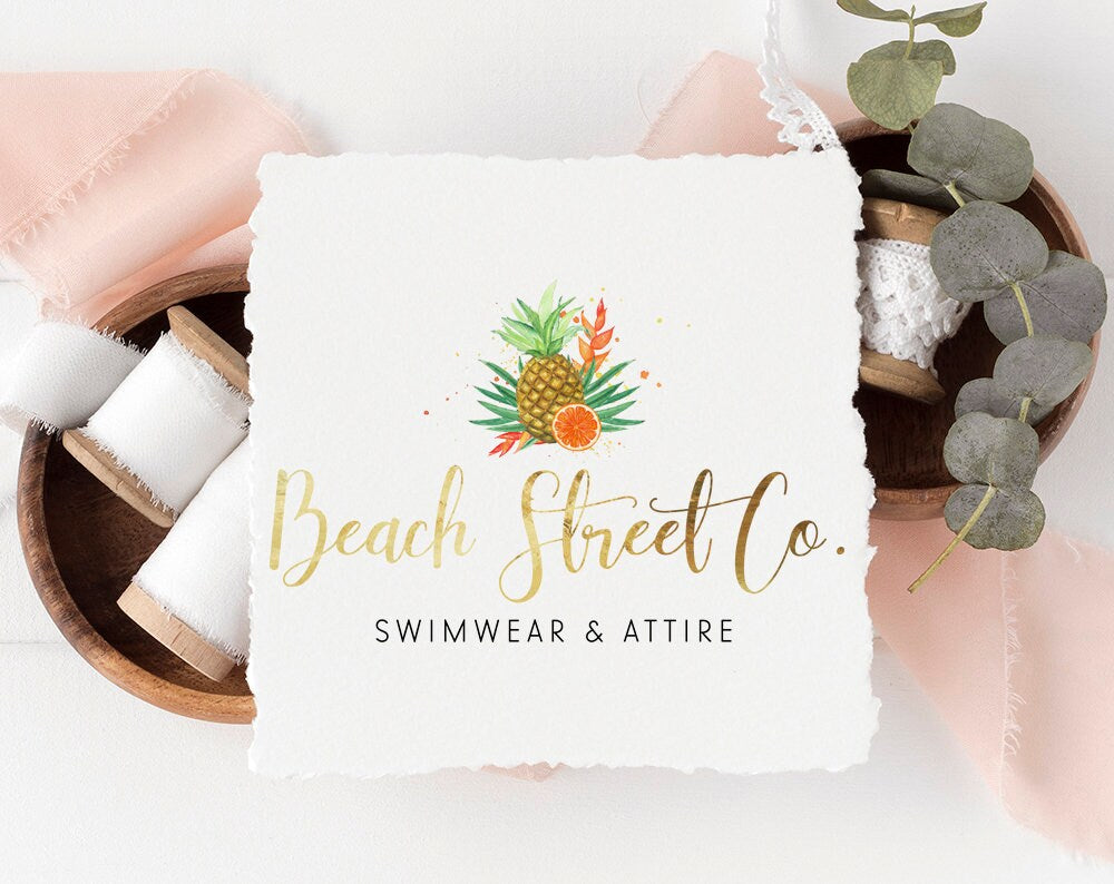 Beach Street Co. | Premade Logo Design | Tropical, Gold Foil, Cursive, Pineapple