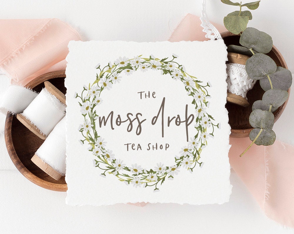 The Moss Drop Tea Shop | Premade Logo Design | Wreath, Daisy, Farmhouse