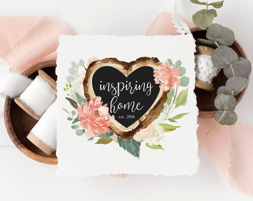 Inspiring Home | Premade Logo Design | Wood Slice, Heart, Farmhouse, Floral, Decor