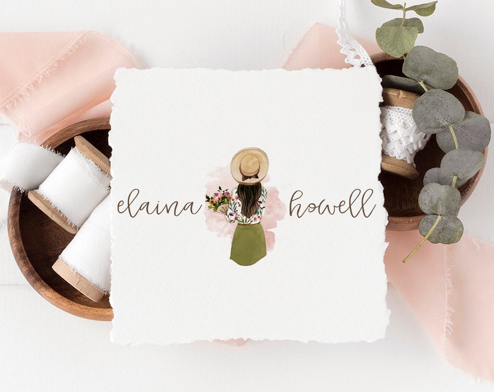 Elaina Howell | Premade Logo Design | Girl, Woman, Farmhouse, Flower Bouquet, Sun Hat