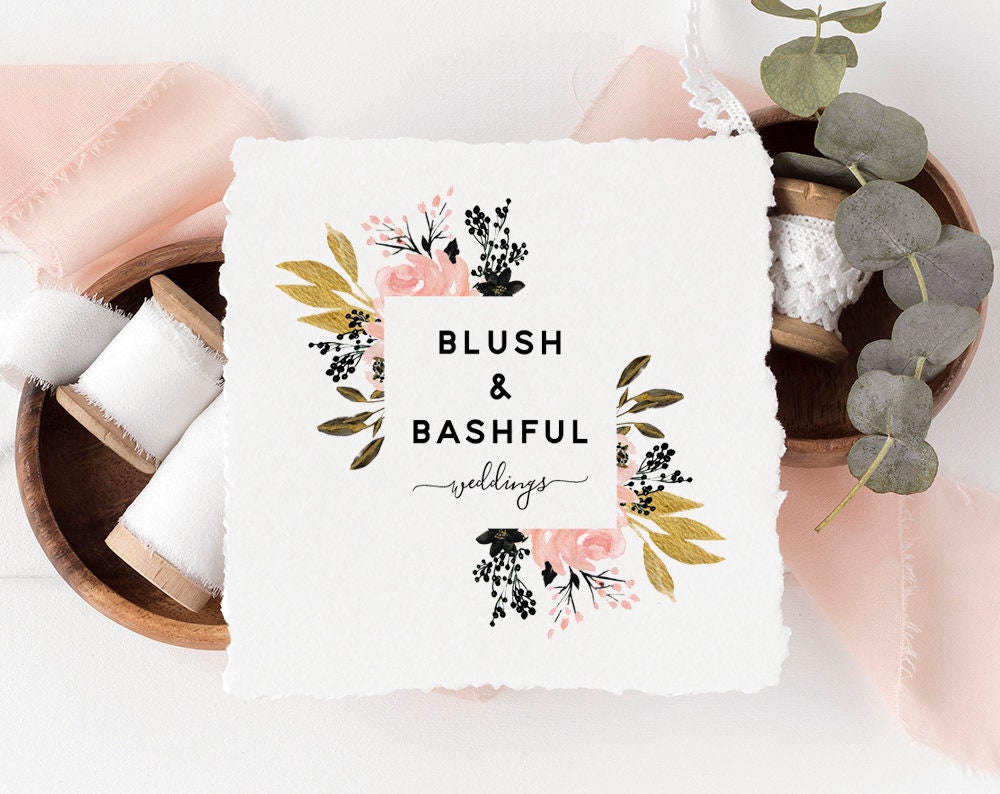 Blush & Bashful | Premade Logo Design | Watercolor Floral, Flower Frame, Pink Roses